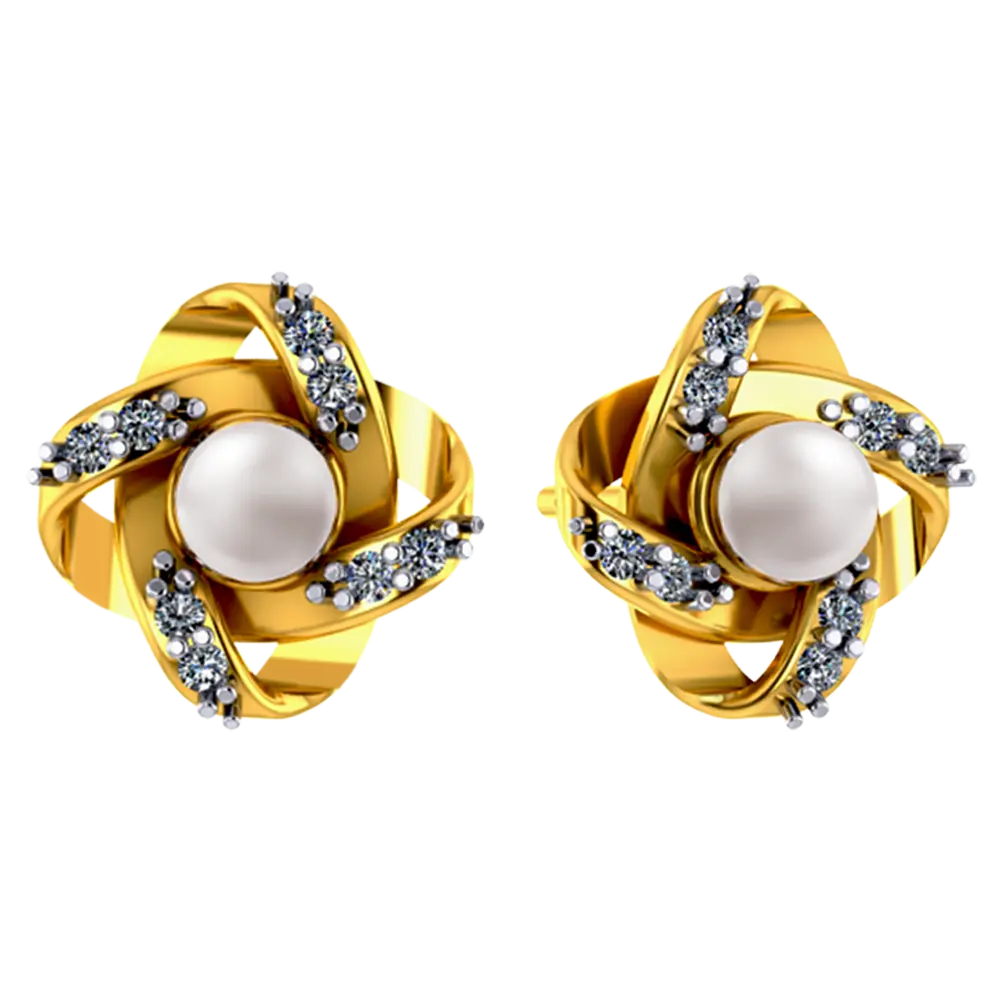 14k Floral 3d Gold Earrings With Pearl And Stone Design - Image 2