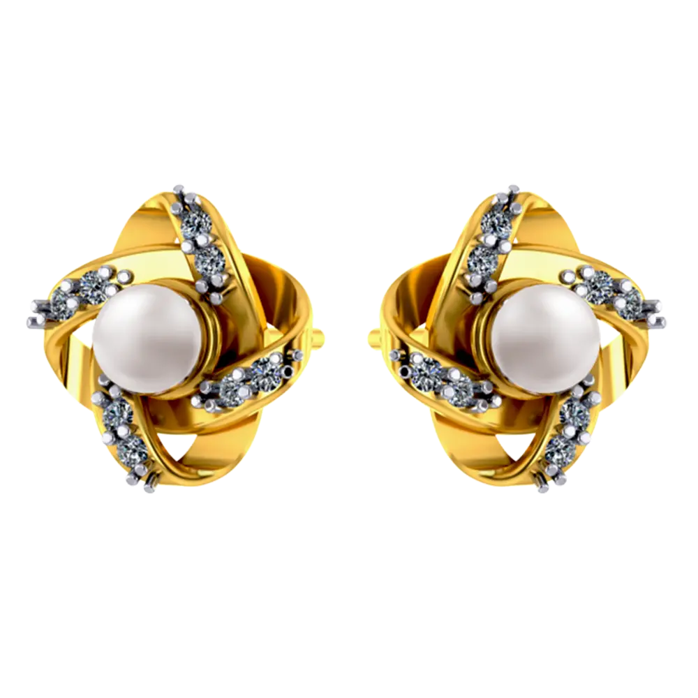 14k Floral 3d Gold Earrings With Pearl And Stone Design - Image 3