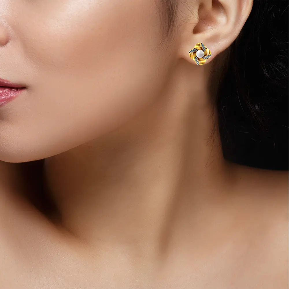 14k Floral 3d Gold Earrings With Pearl And Stone Design - Image 6