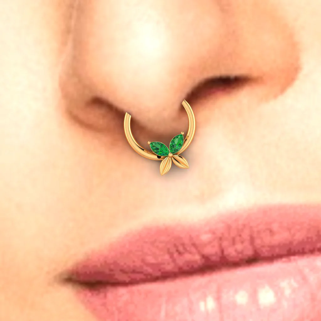 14k Floral Gold Nose Ring With Green Stones - Image 5