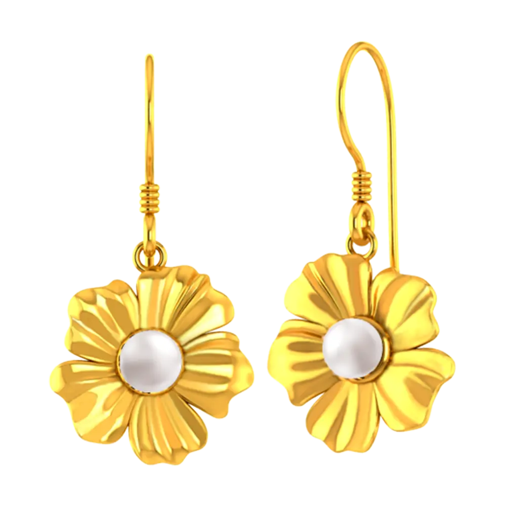 14k Flower Shaped Earrings With Gold Petals And A Pearl In Between - Image 2