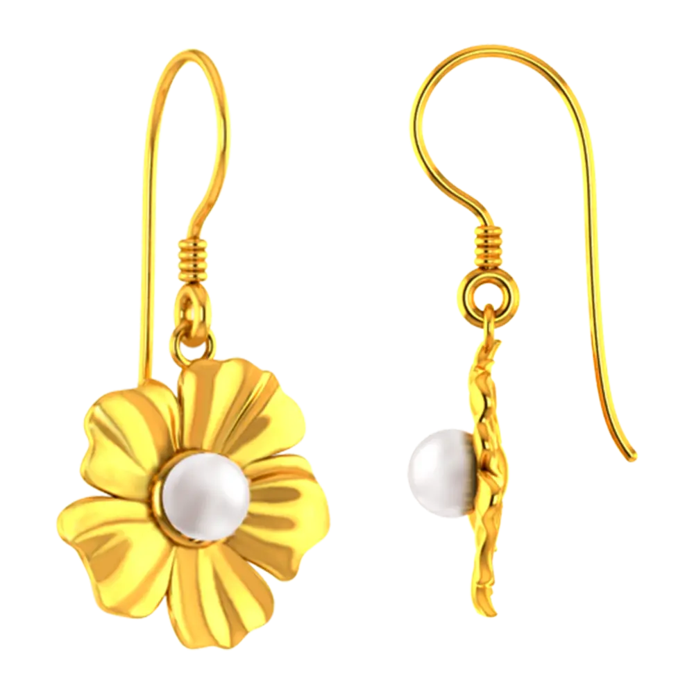 14k Flower Shaped Earrings With Gold Petals And A Pearl In Between - Image 4