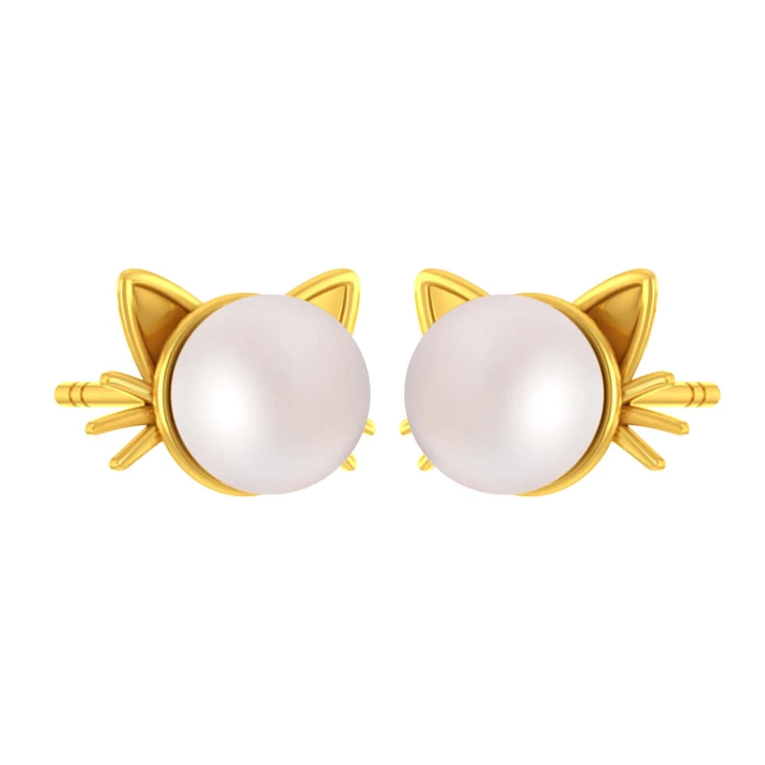 14K Gold Cute & Lightweight Cat Stud Earrings with Pearl - Image 2