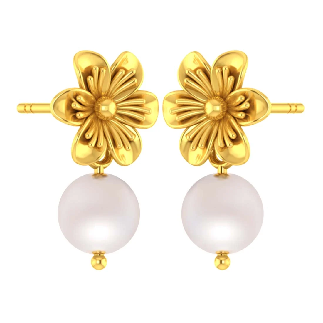 14K Gold Delicate & Elegant Design Floral Pearl Drop Earrings - Image 3
