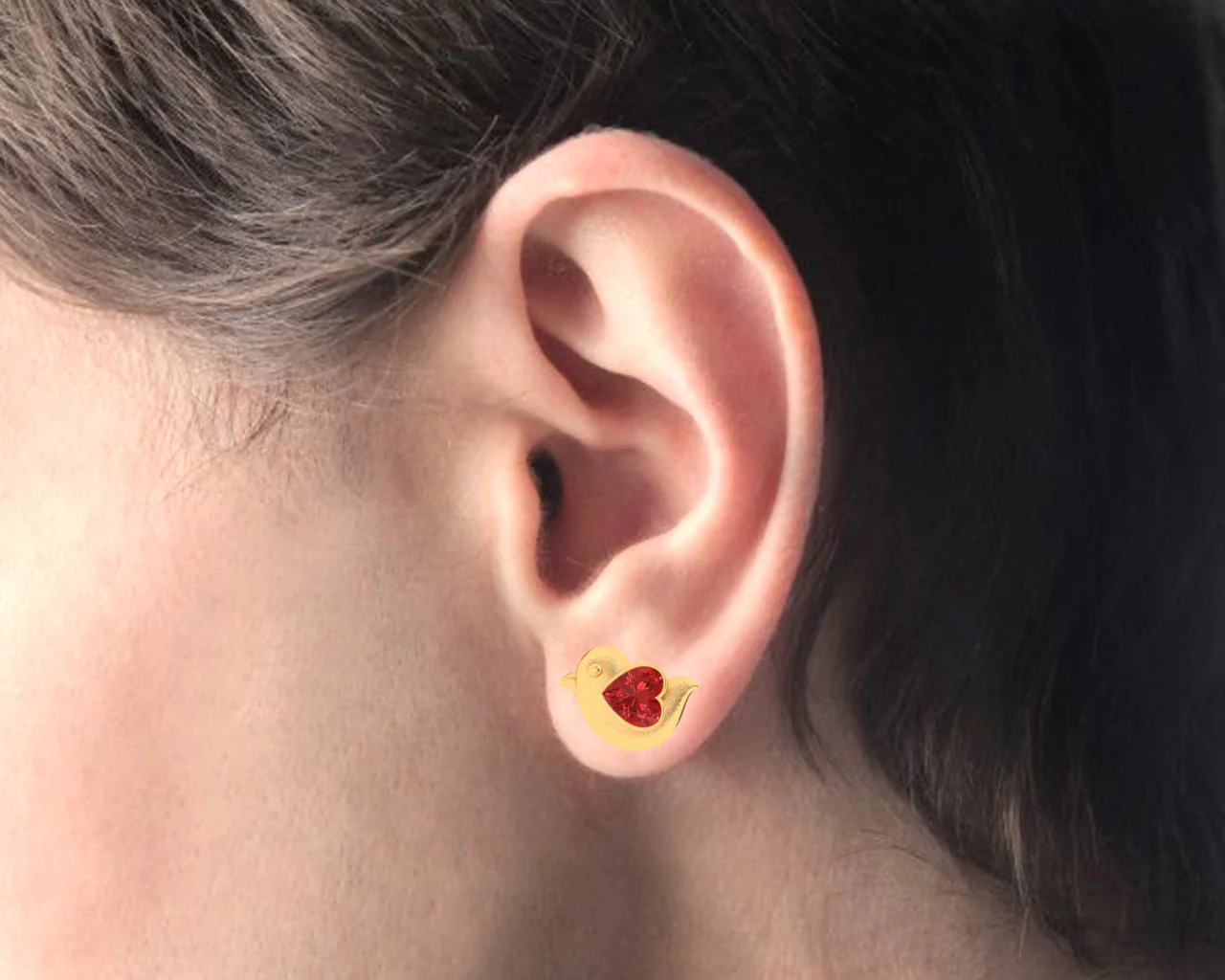 14k Gold Earrings In A Shape Of Bird With Red Stone - Image 4