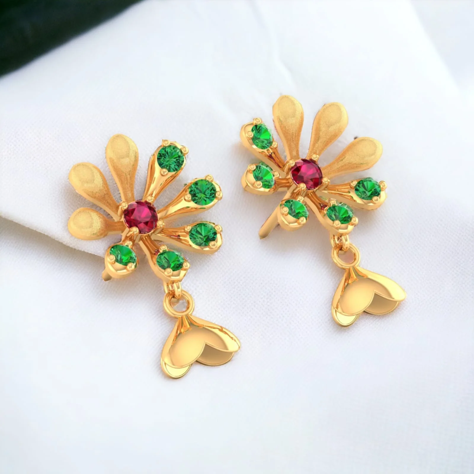 14K Gold Earrings With A Floral Design And Studded Stones