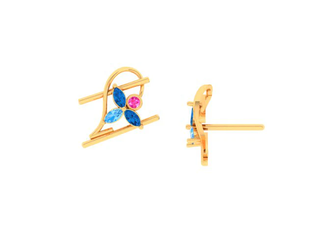 14k Gold Earrings With Beautiful Petals Engraved With Pink And Blue Stones - Image 2