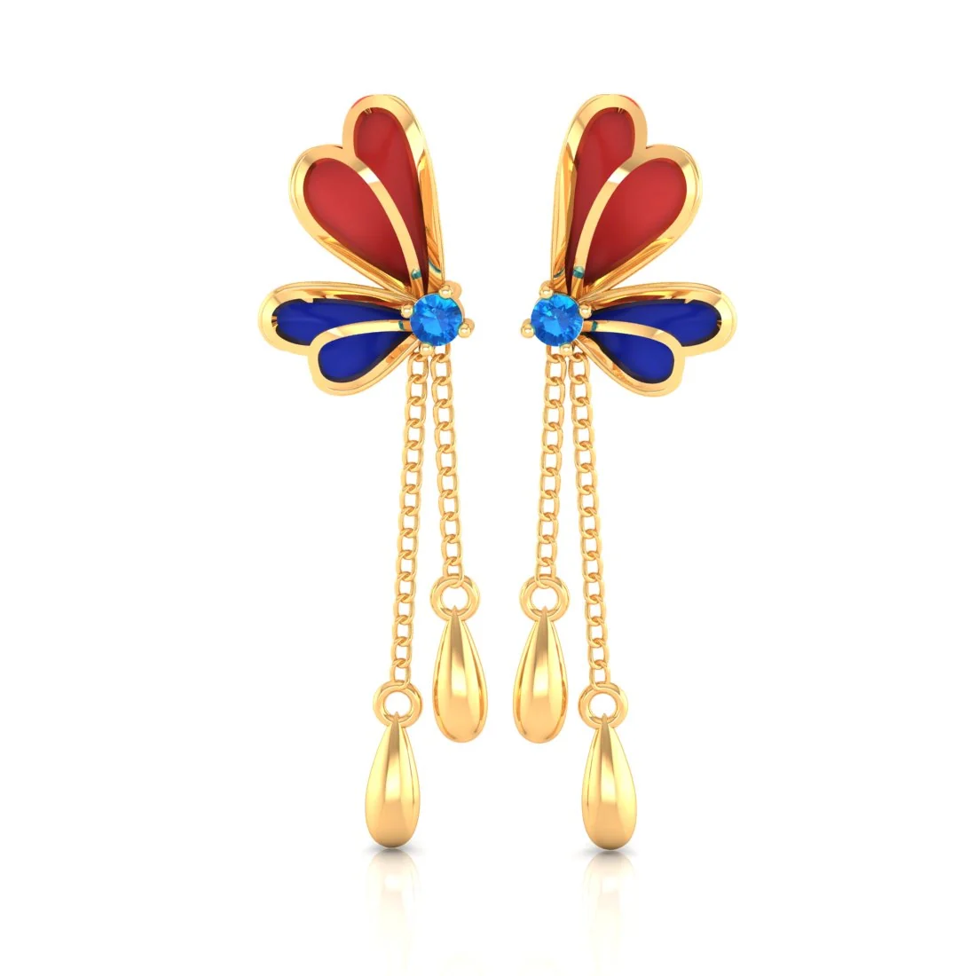 14K Gold Earrings With Butterfly Design And Blue Stone & Chain Drops - Image 3