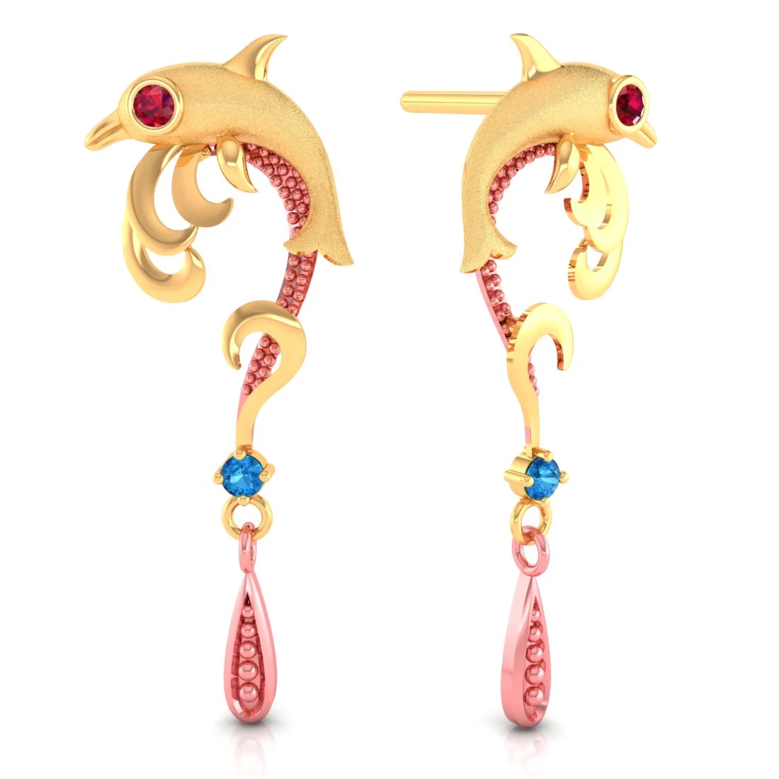 14K Gold Earrings With Dolphin Design With Stones - Image 3