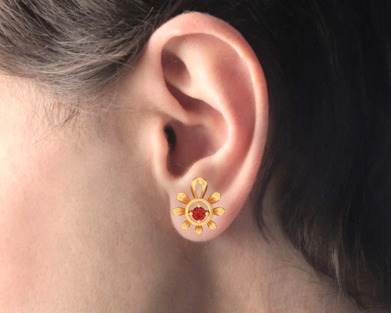 14k Gold Earrings With Floral Pattern And A Red Stone - Image 4