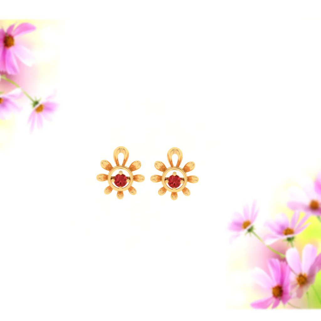 14k Gold Earrings With Floral Pattern And A Red Stone - Image 6