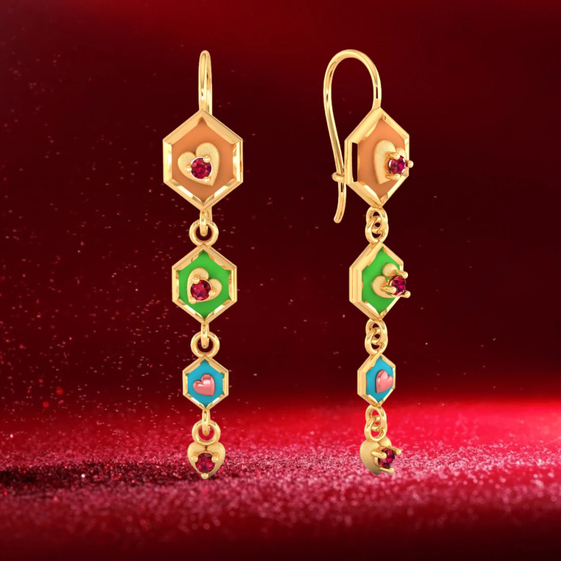 14k Gold Earrings With Hexagonal Shapes And A Heart Drop - Image 7