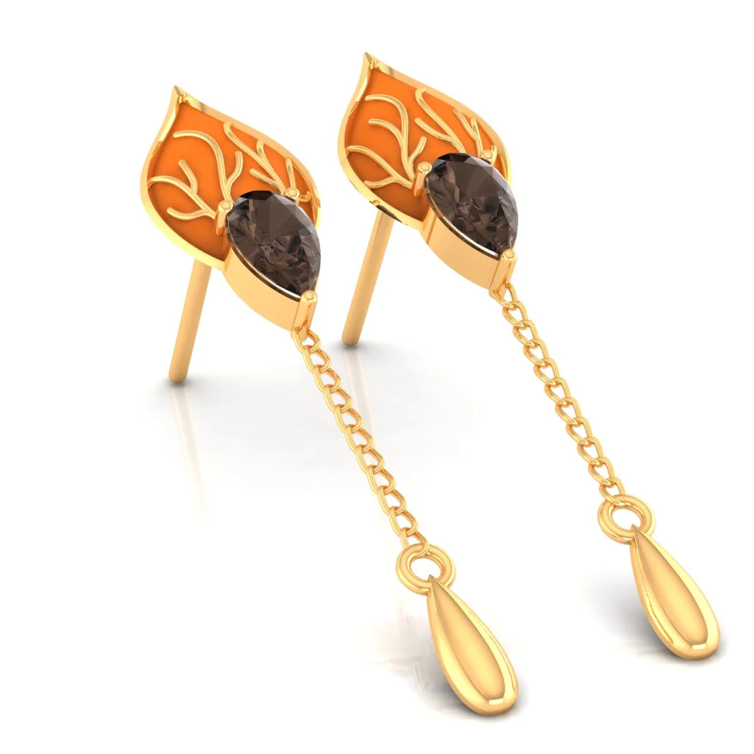 14K Gold Earrings With Orange Leaf & Stone With Gold Drops - Image 2