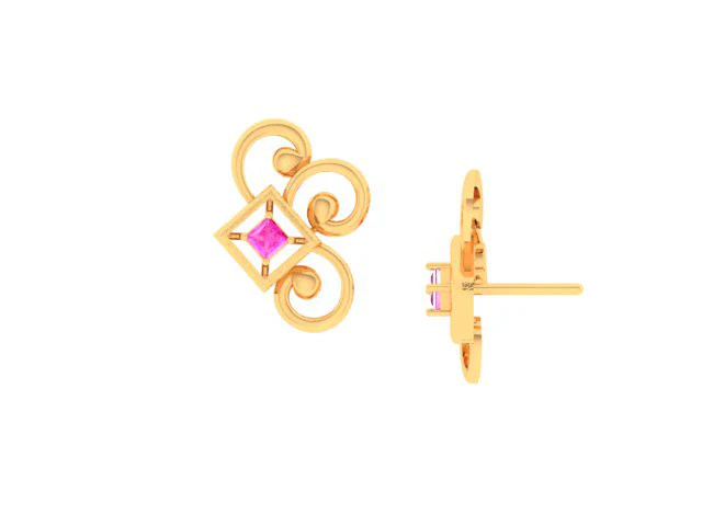 14k Gold Earrings With Unique Design And A Pink Stone - Image 2