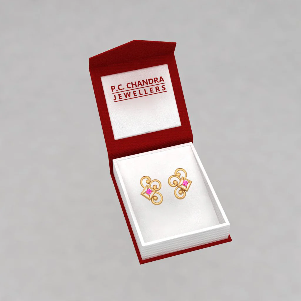 14k Gold Earrings With Unique Design And A Pink Stone - Image 5