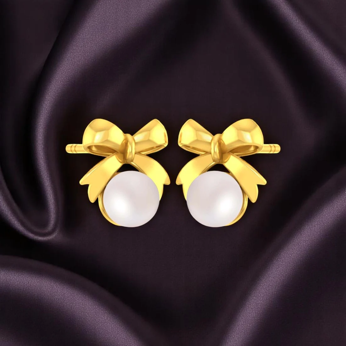 14K Gold Lightweight Bow Pearl Studs Earrings