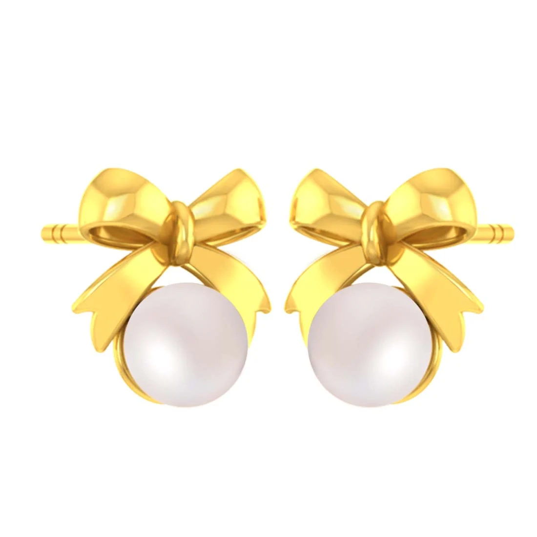 14K Gold Lightweight Bow Pearl Studs Earrings - Image 2