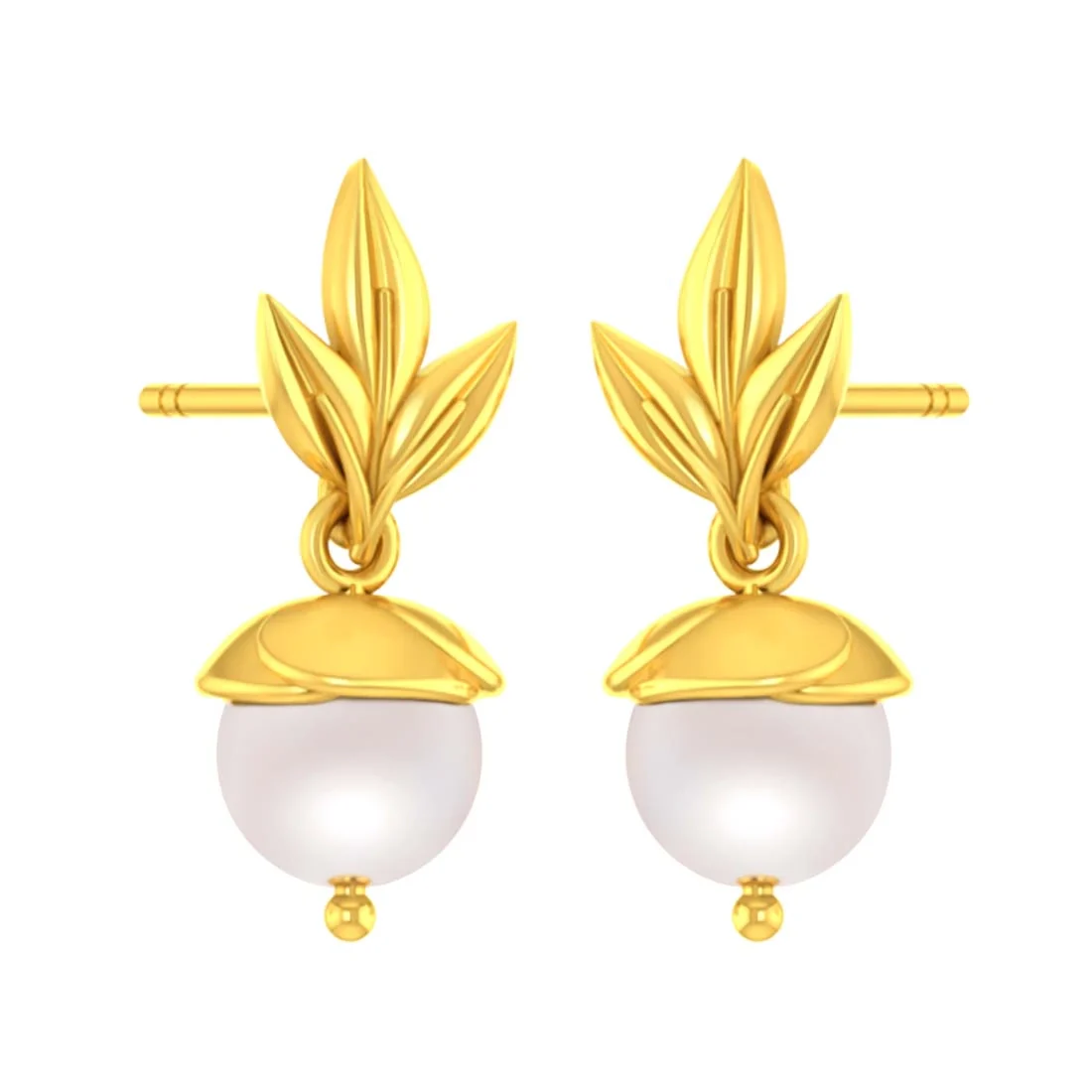 14K Gold Nature-Inspired Drop Earrings with Pearl and Leaf Design - Image 4