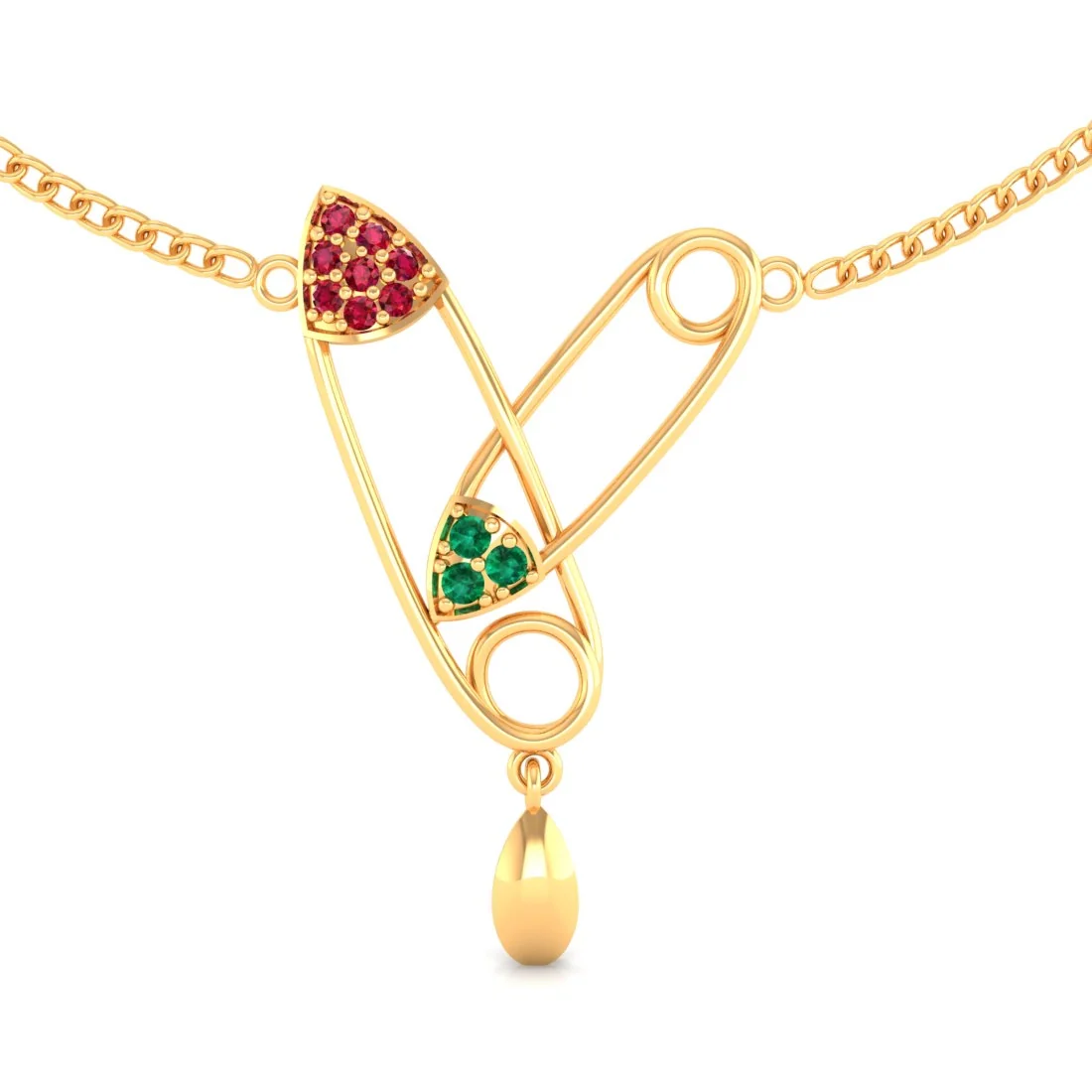 14K Gold Necklace with Double Safety Pin Design with Gold Drop - Image 2