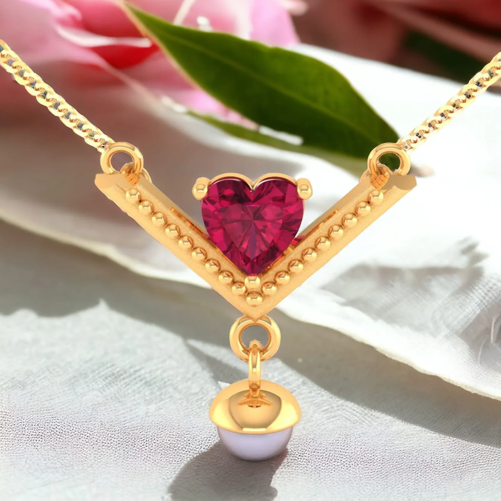 14K Gold Necklace With Heart Motif Set On A V Shape And Pearl Dangle - Image 2