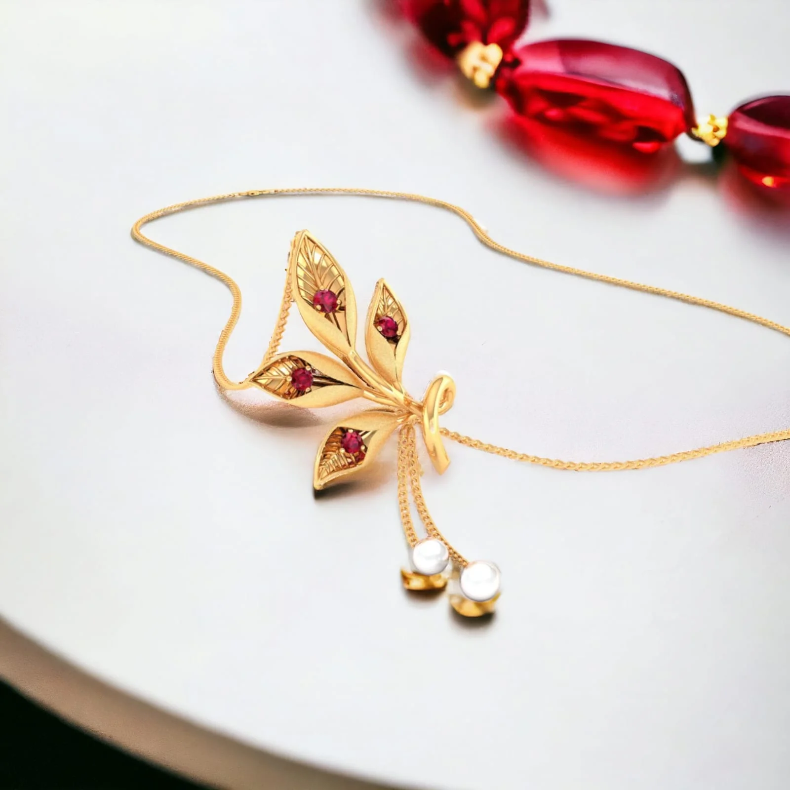 14K Gold Necklace with Leaf Design and Dangling Pearl Chains