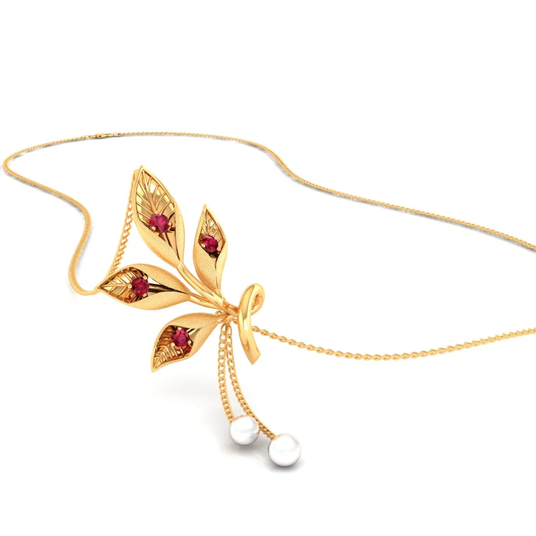 14K Gold Necklace with Leaf Design and Dangling Pearl Chains - Image 2