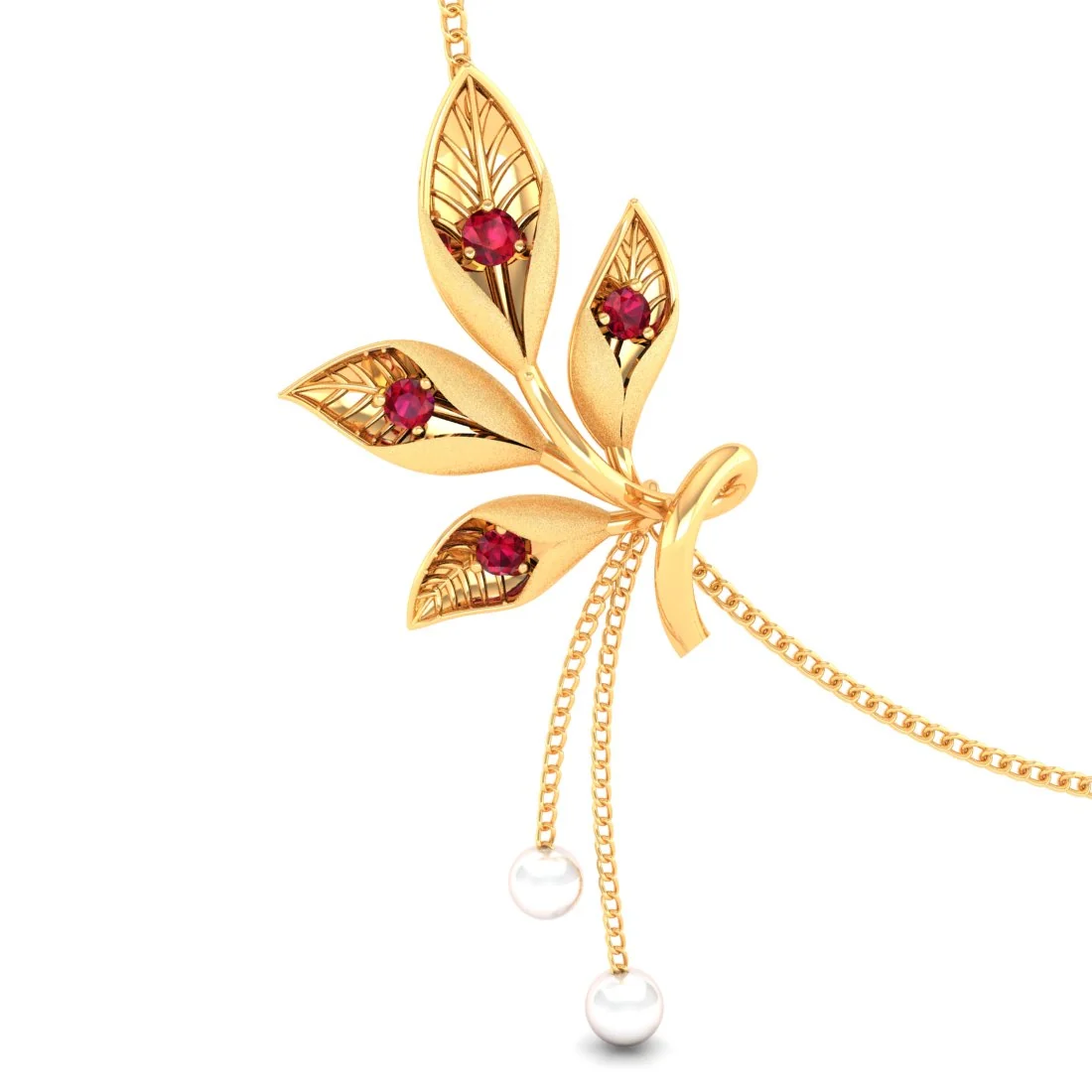14K Gold Necklace with Leaf Design and Dangling Pearl Chains - Image 3