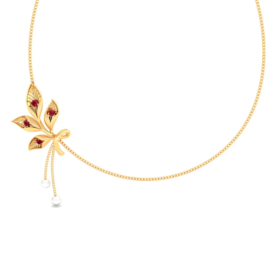 14K Gold Necklace with Leaf Design and Dangling Pearl Chains - Image 4