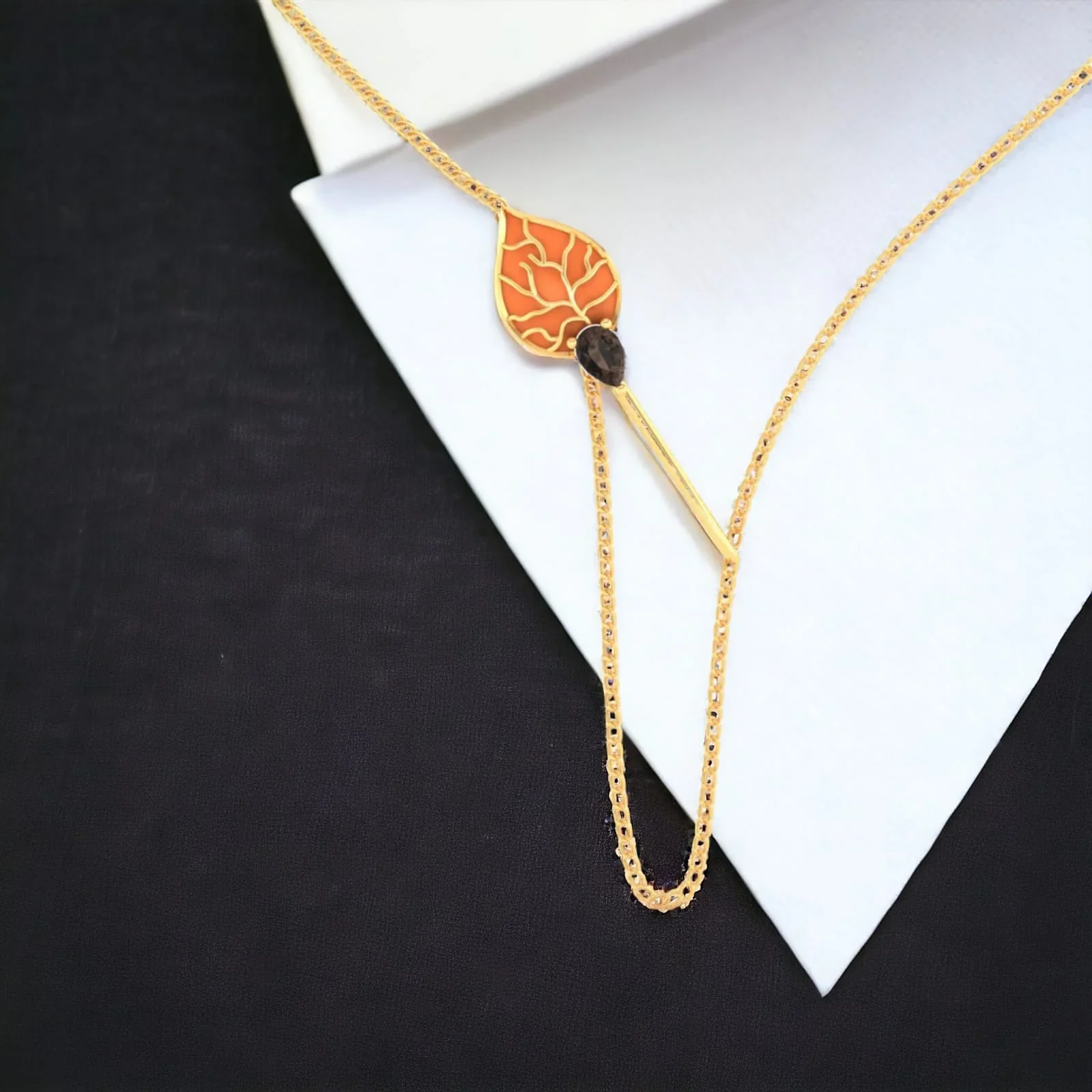 14K Gold Necklace with Orange Leaf & stone Drop 