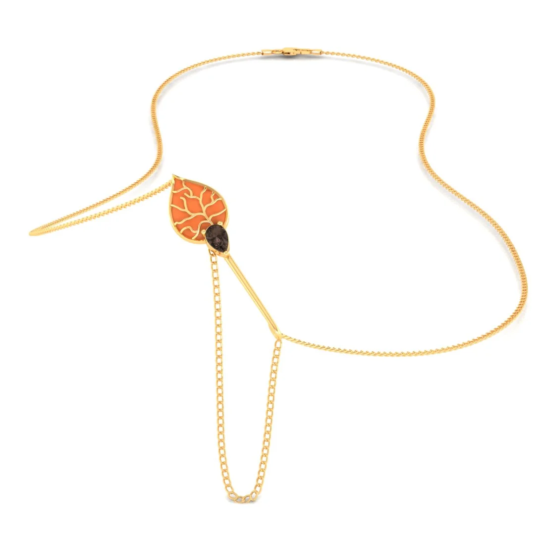 14K Gold Necklace with Orange Leaf & stone Drop  - Image 2