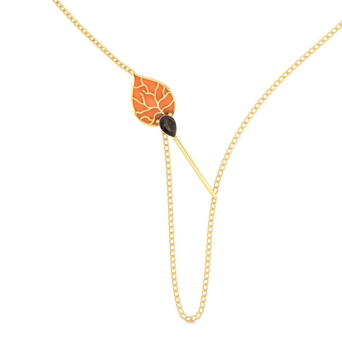 14K Gold Necklace with Orange Leaf & stone Drop  - Image 3