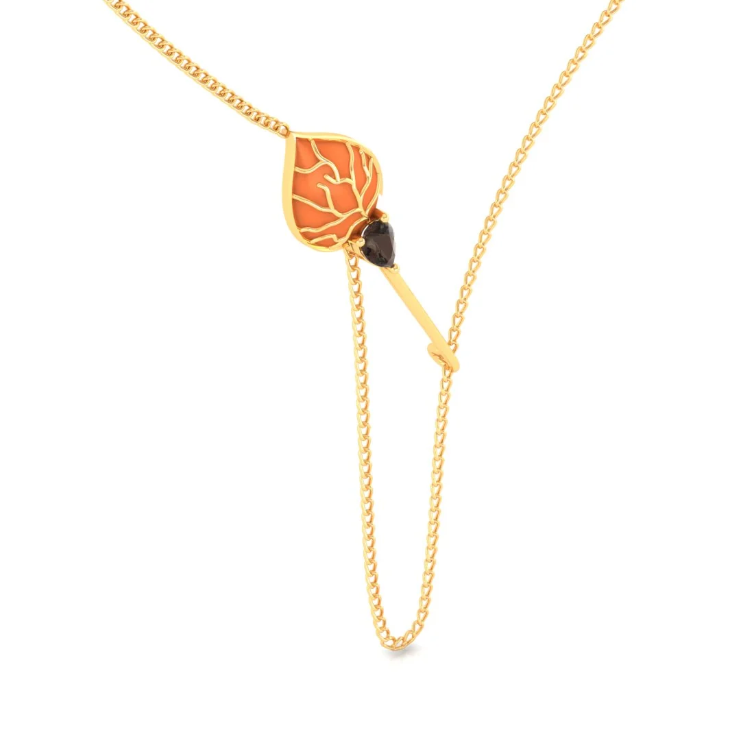 14K Gold Necklace with Orange Leaf & stone Drop  - Image 4
