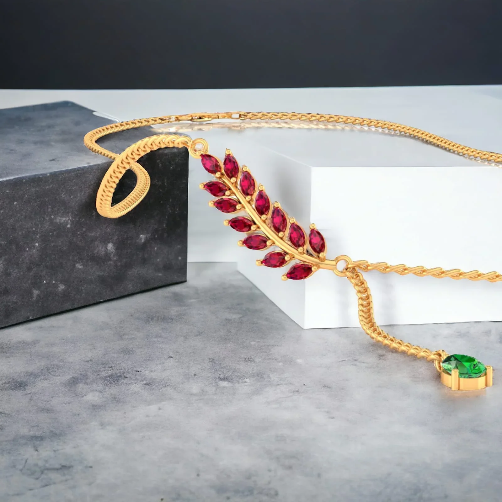 14K Gold Necklace with Red stone Leaf Design with an stone Drop