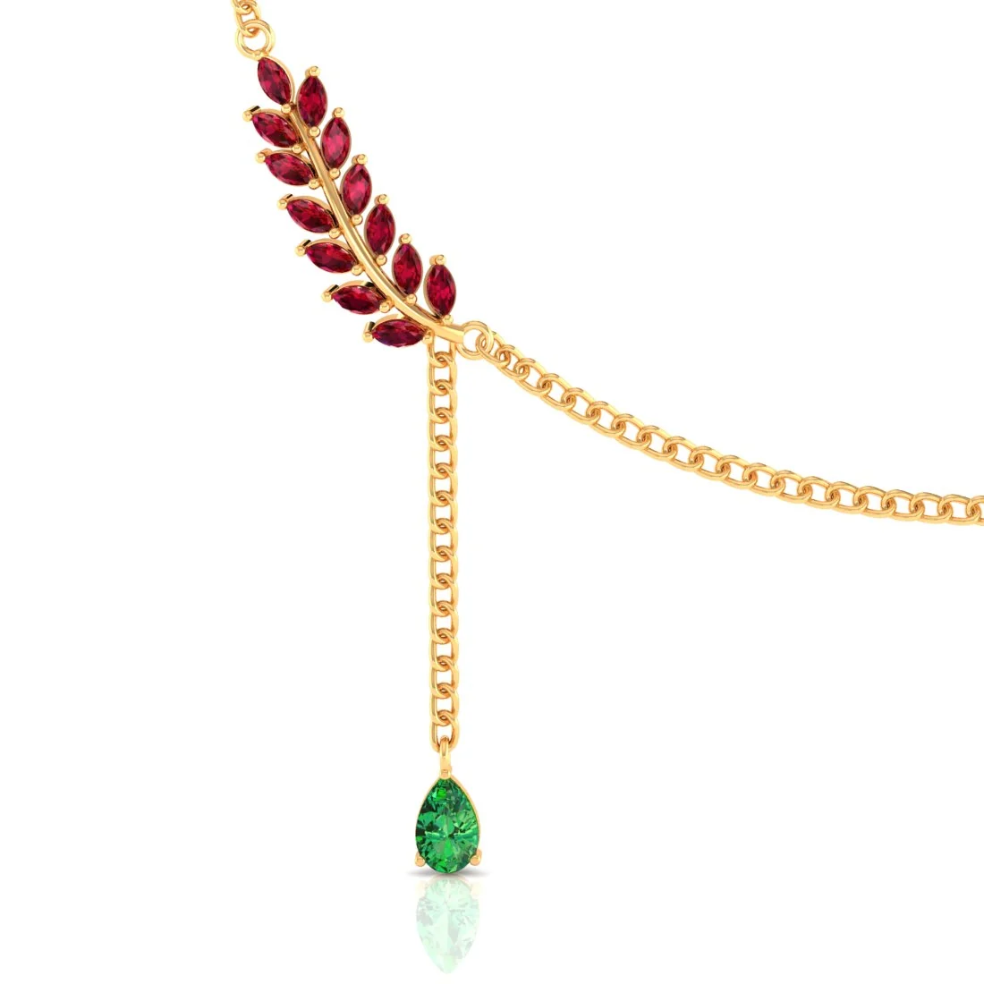 14K Gold Necklace with Red stone Leaf Design with an stone Drop - Image 2