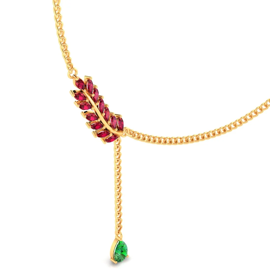 14K Gold Necklace with Red stone Leaf Design with an stone Drop - Image 3