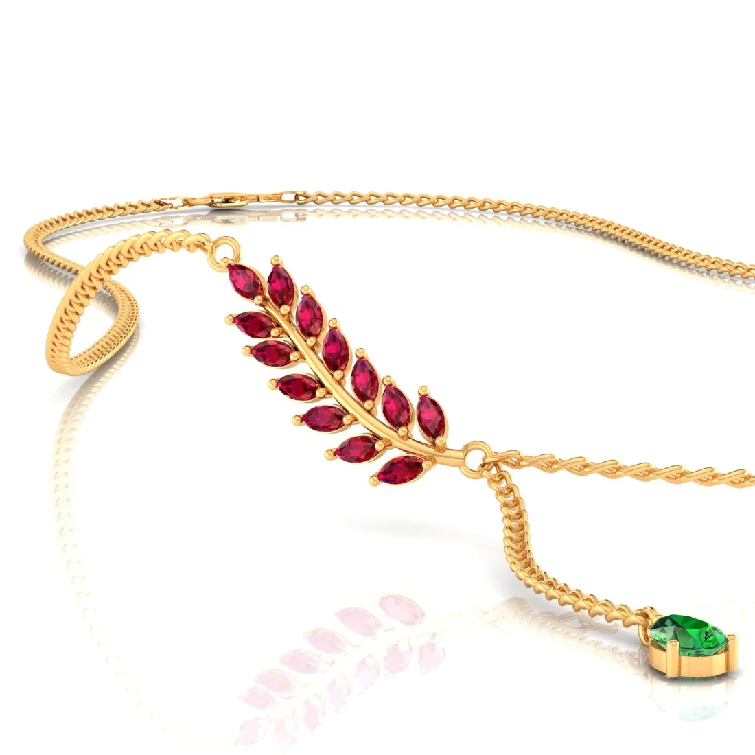 14K Gold Necklace with Red stone Leaf Design with an stone Drop - Image 4
