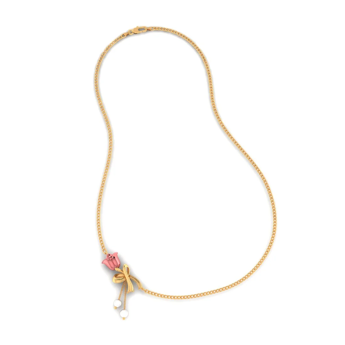 14K Gold Necklace With Rose In A Ribbon Motif And Pearl Danglers