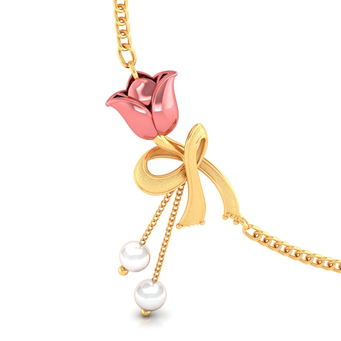 14K Gold Necklace With Rose In A Ribbon Motif And Pearl Danglers - Image 2