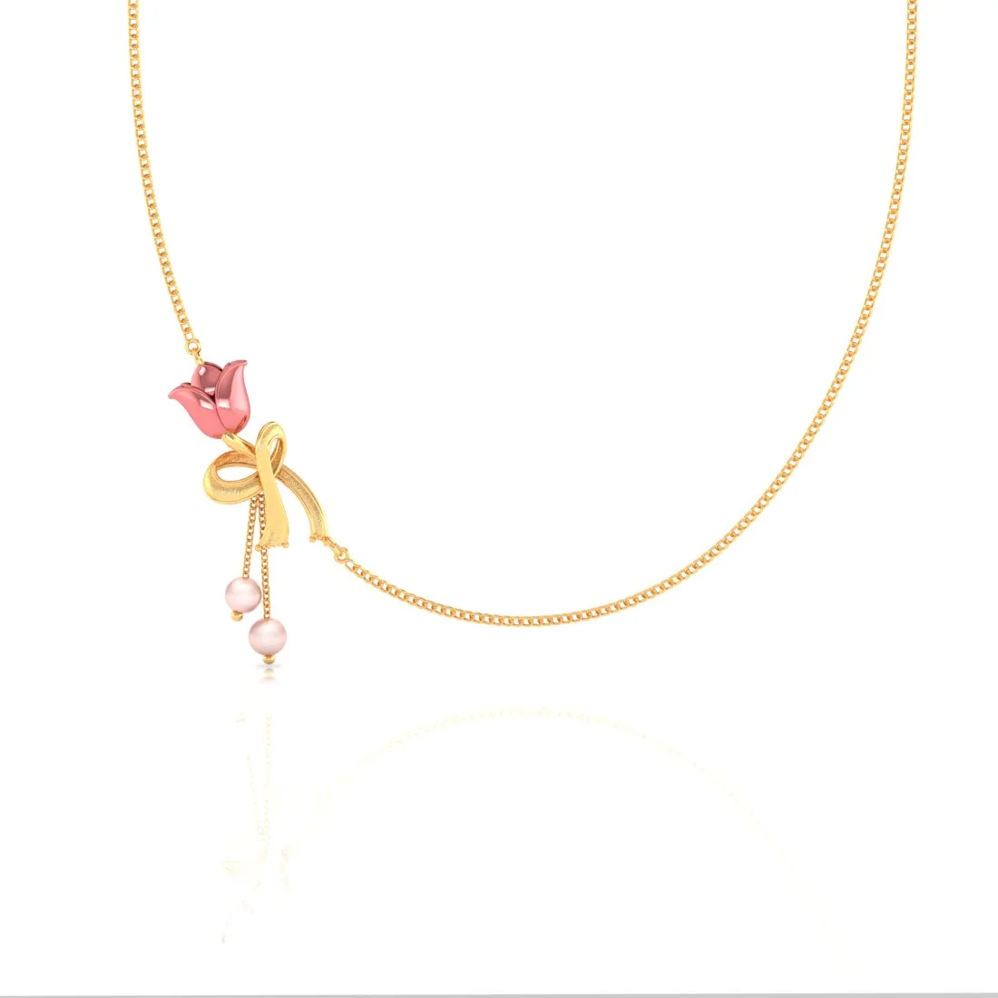 14K Gold Necklace With Rose In A Ribbon Motif And Pearl Danglers - Image 3