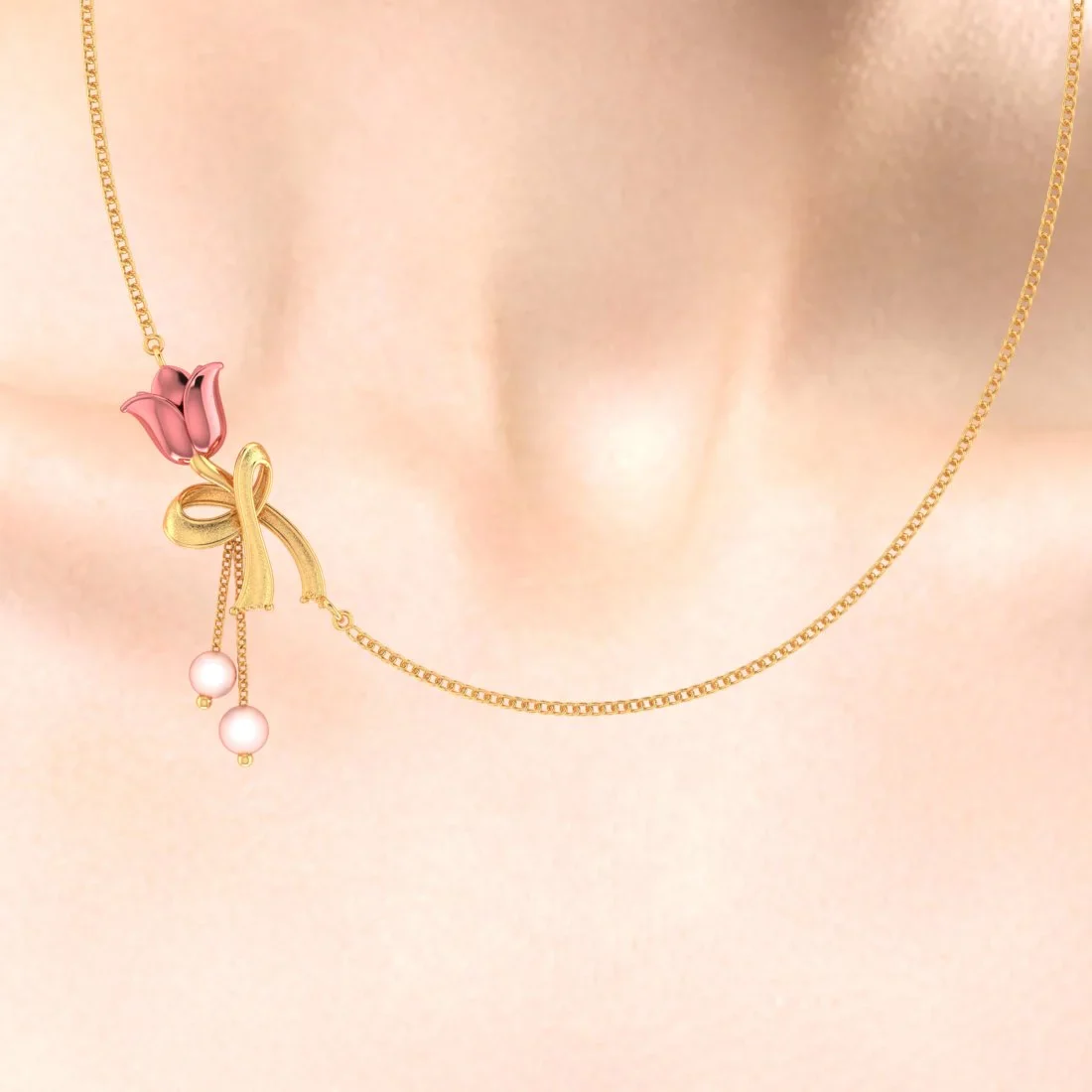 14K Gold Necklace With Rose In A Ribbon Motif And Pearl Danglers - Image 5