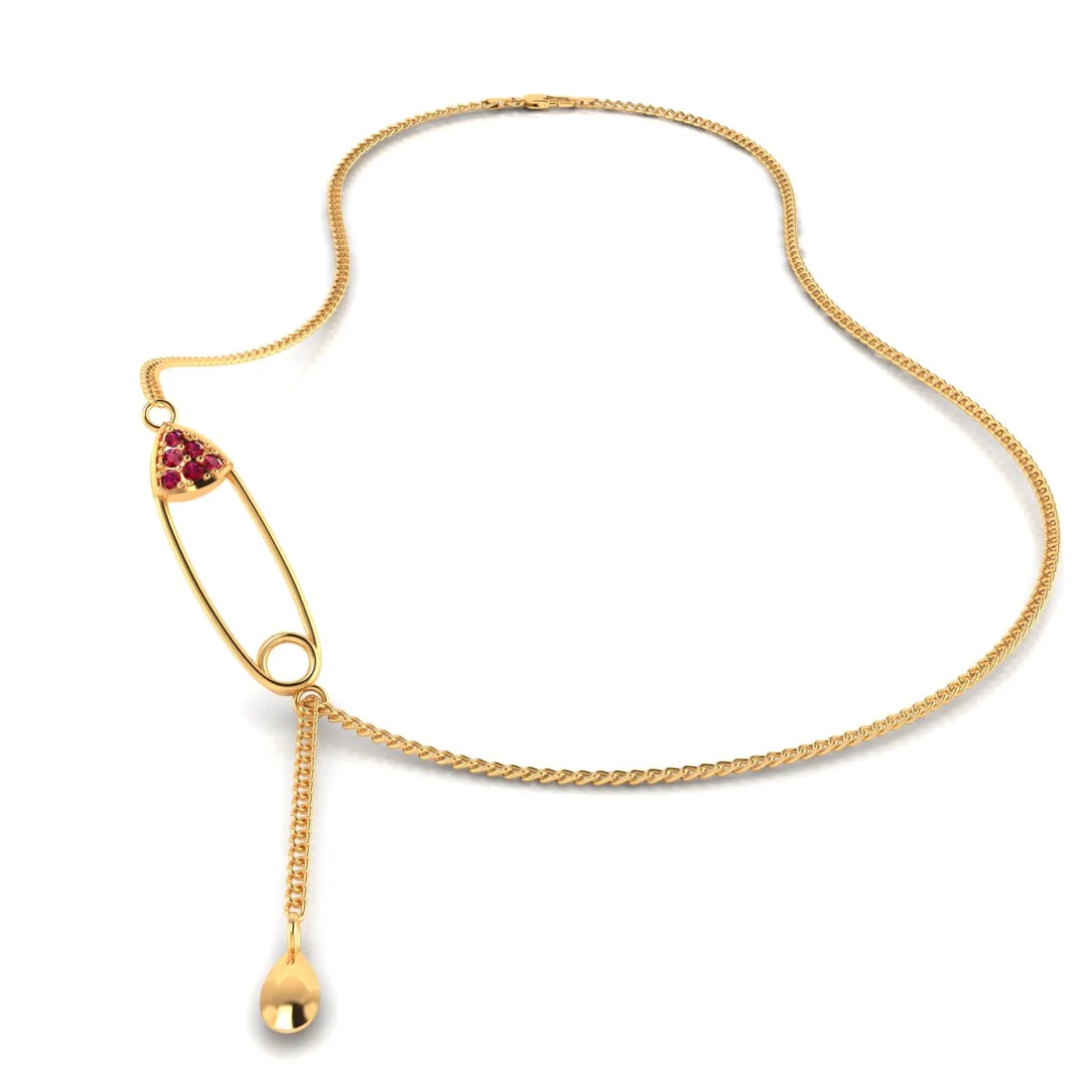 14K Gold Necklace with Safety Pin Design and Dangling Gold Drop  - Image 2