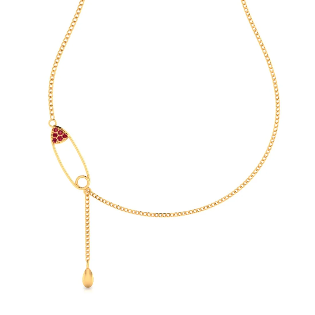 14K Gold Necklace with Safety Pin Design and Dangling Gold Drop  - Image 3