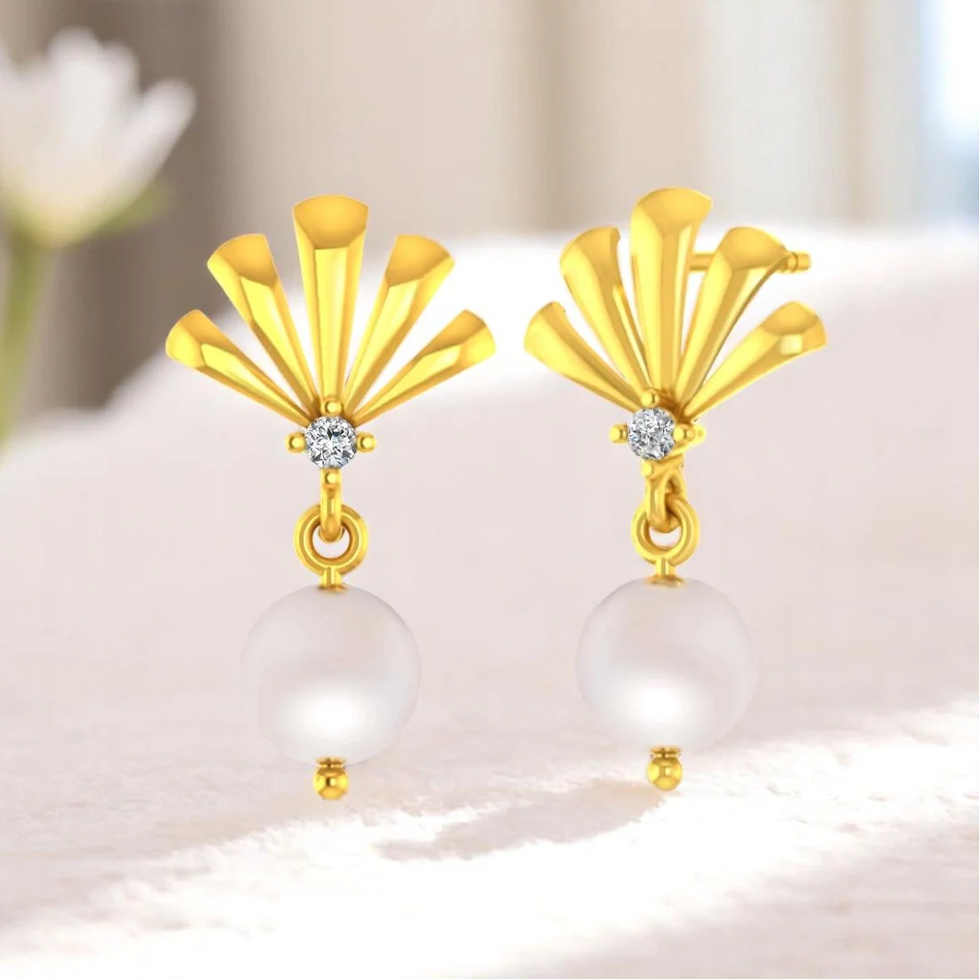 14K Gold Pearl Drop Elegant Earrings with Certified Natural Diamond