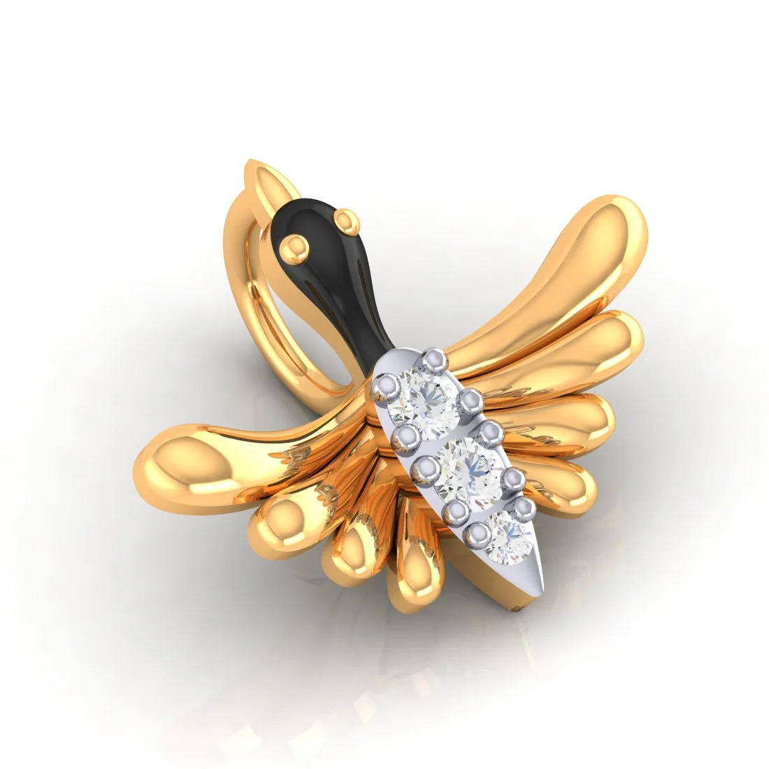 14K Gold Pendant Bird Design With Black Meena And Embedded Stones - Image 2
