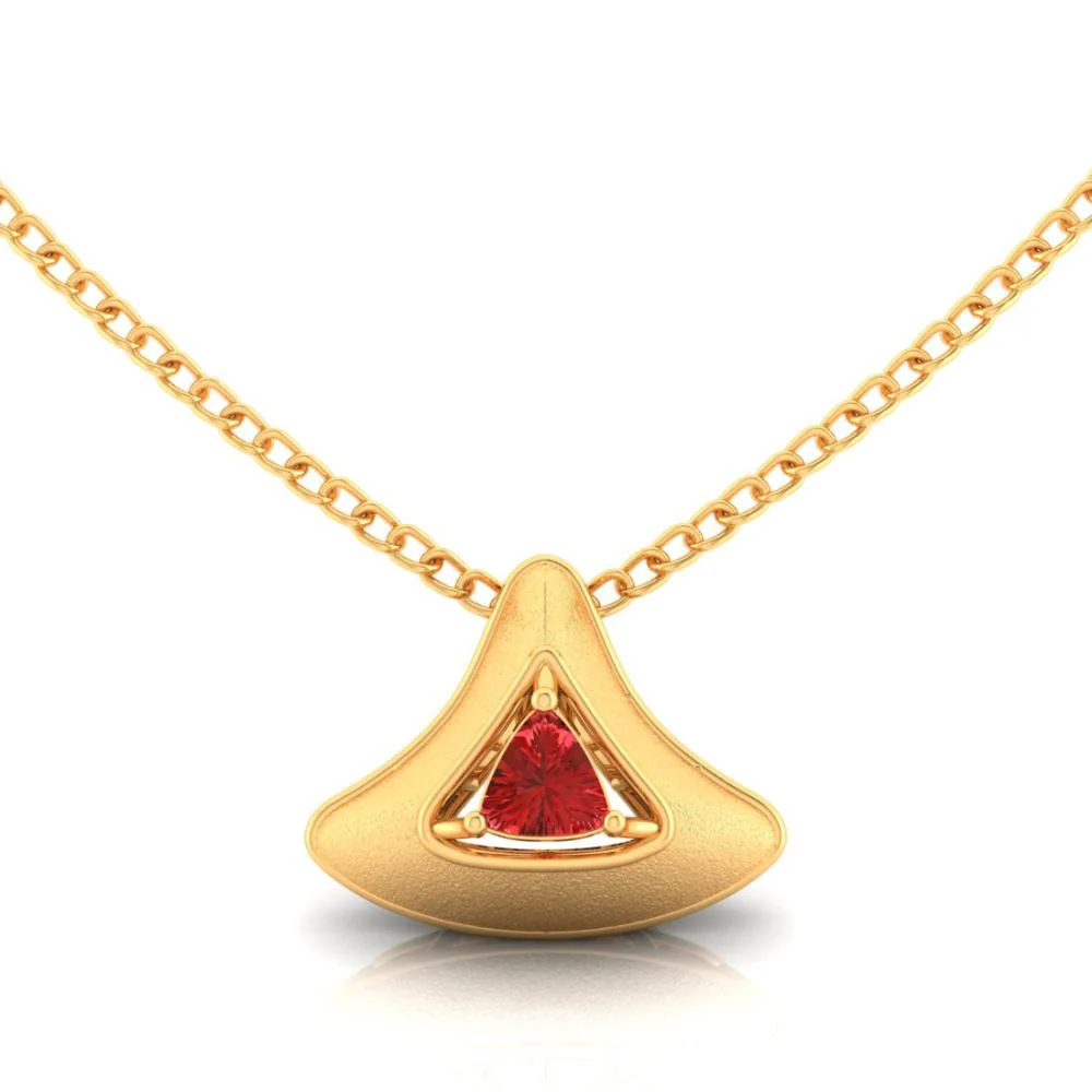 14k Gold Pendant In The Shape Of A Cone With A Red Stone In The Centre