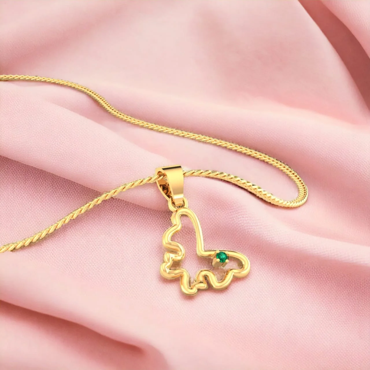 14K Gold Pendant (Without Chain) With Butterfly Outline Design And Studded Stone