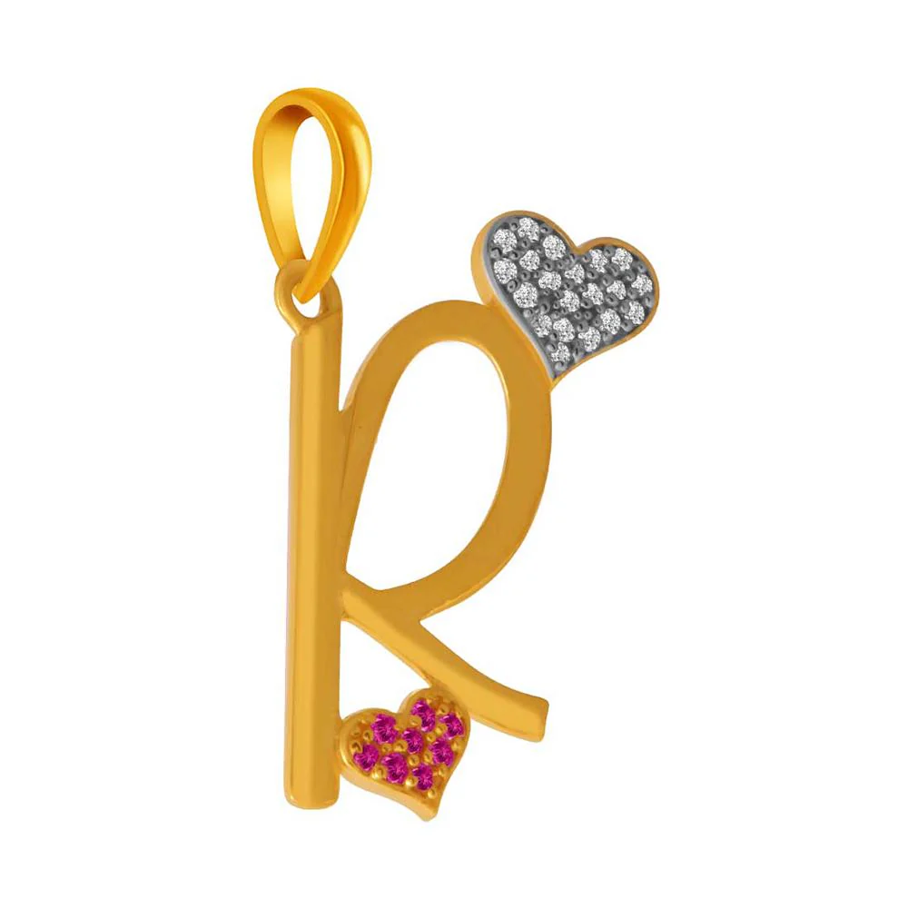 14k Gold  R Initials Pink And Yellow  Studded Pendant - Image 2