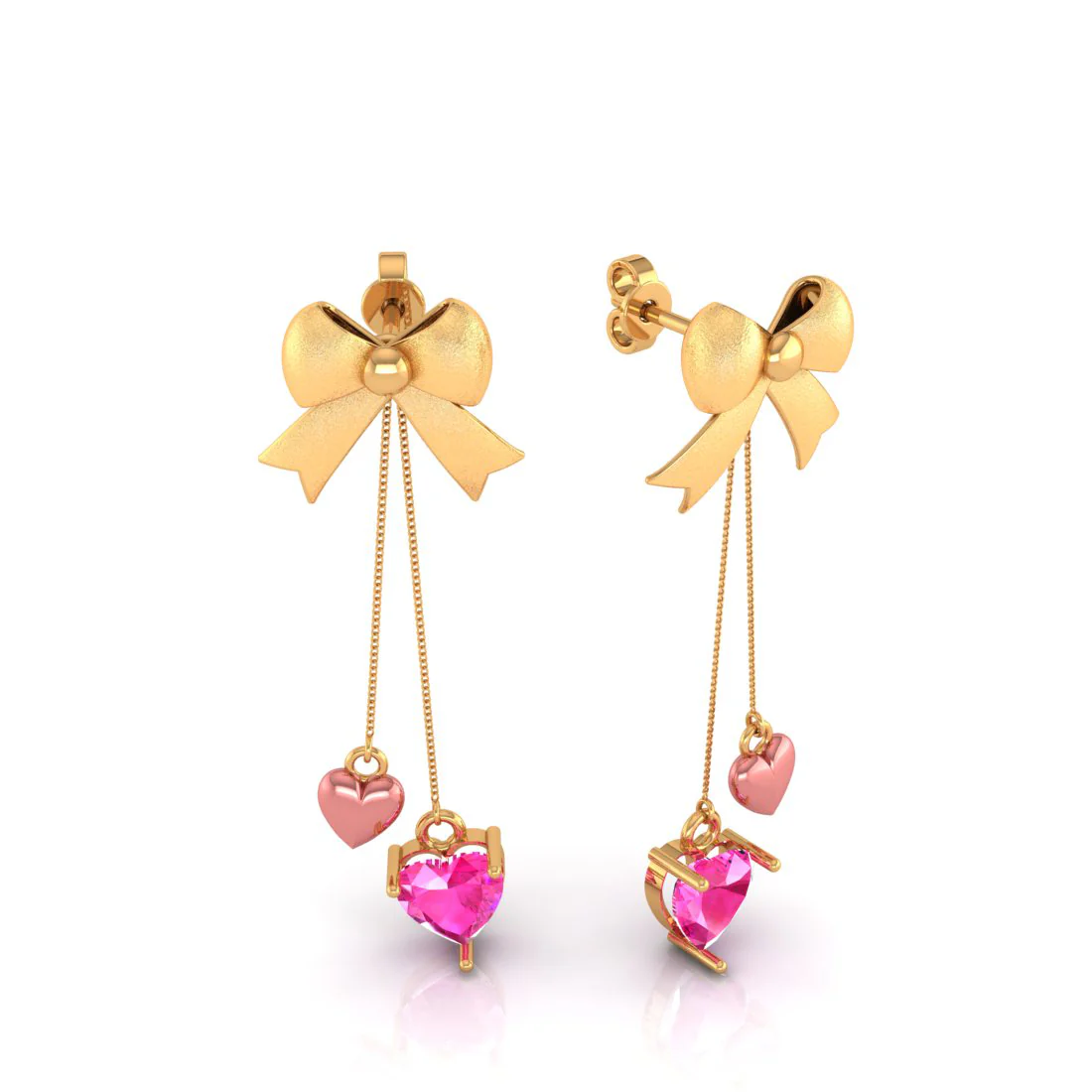 14k Gold Ribbon Bow And Dangling Pink Hearts Earrings - Image 3
