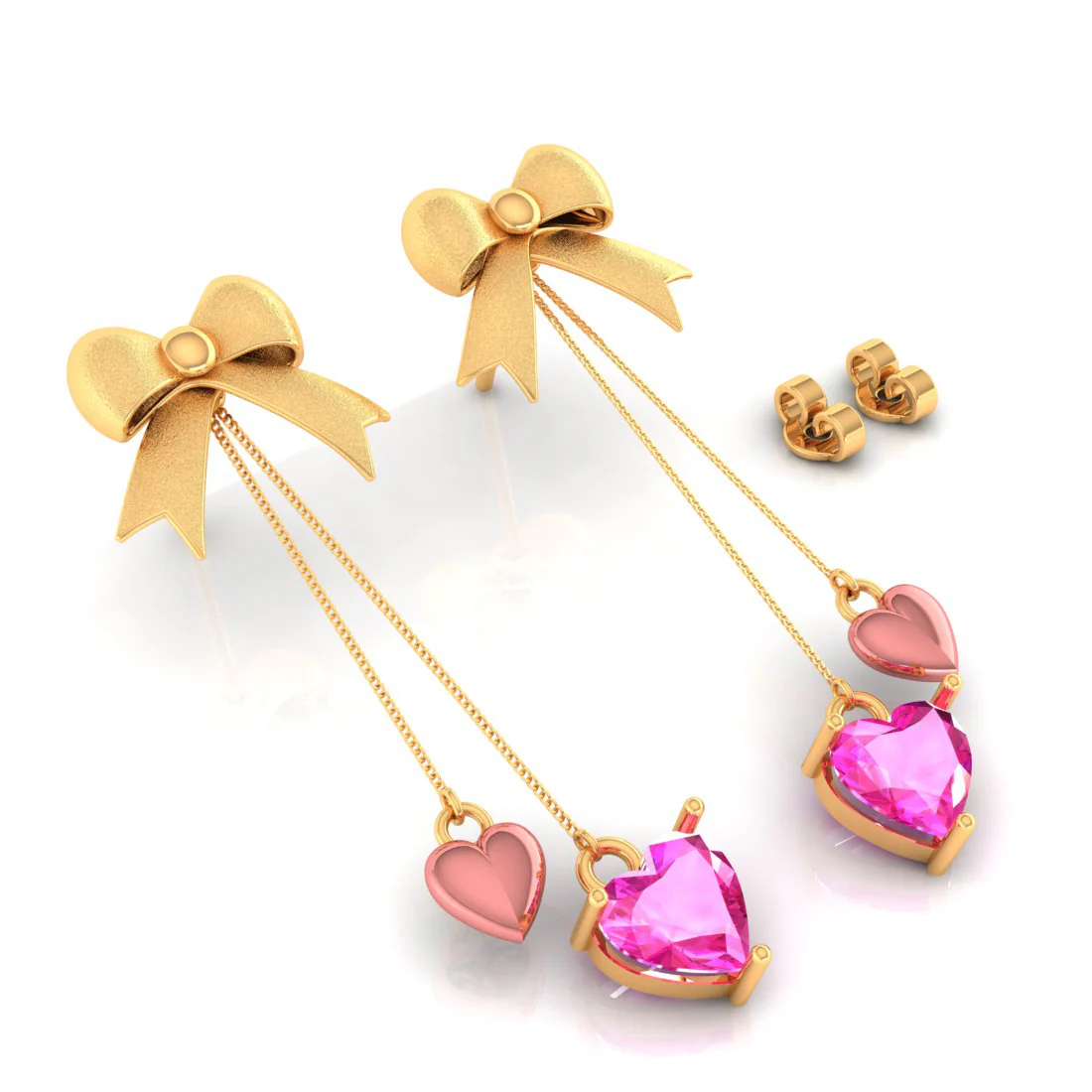14k Gold Ribbon Bow And Dangling Pink Hearts Earrings - Image 4