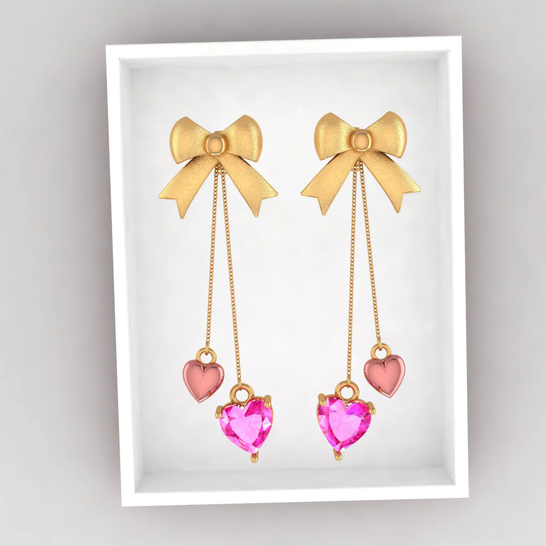 14k Gold Ribbon Bow And Dangling Pink Hearts Earrings - Image 6